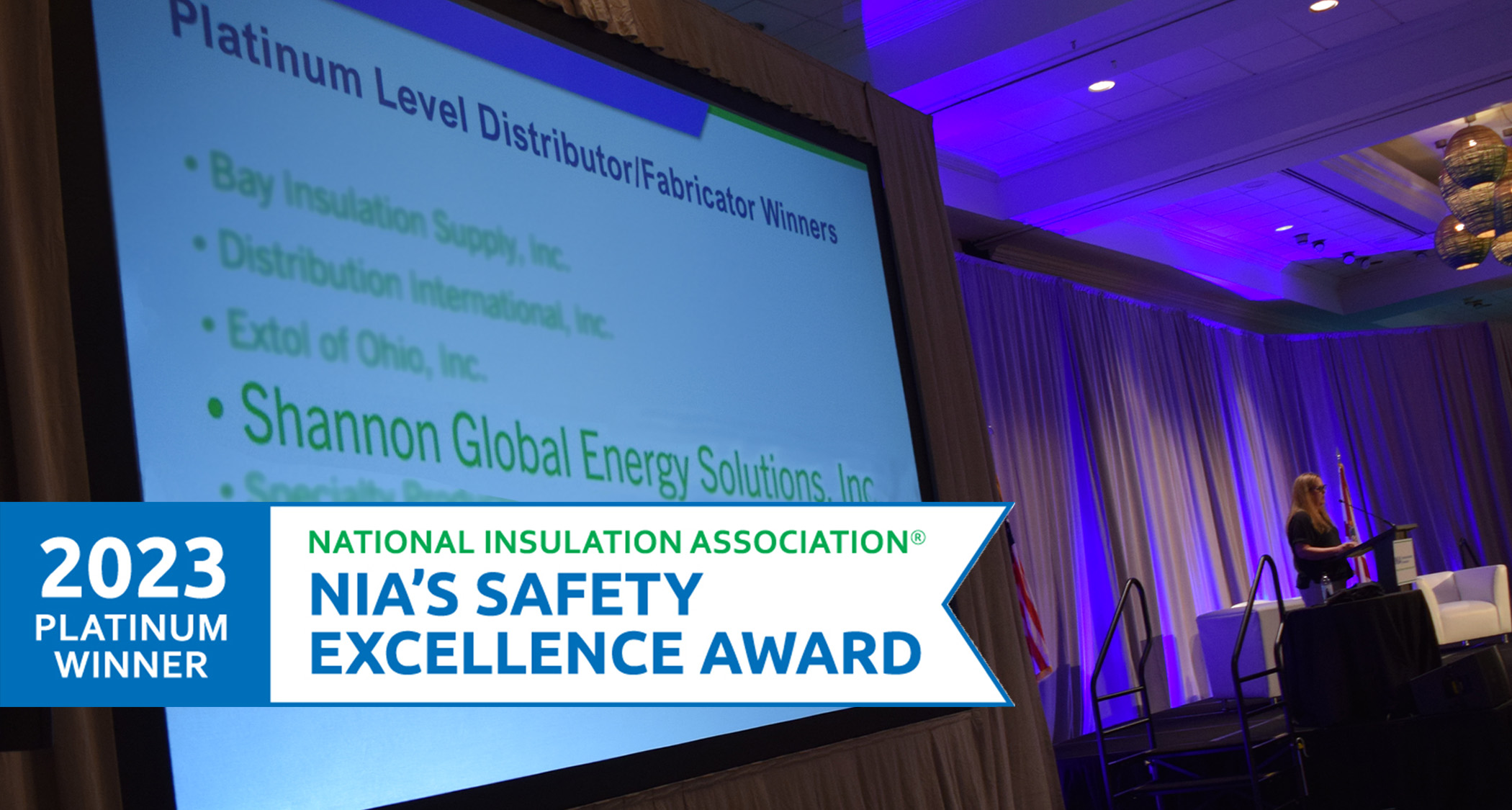 NIA Safety Excellence Award ceremony photo showing Shannon Global Energy Solutions winning platinum award.