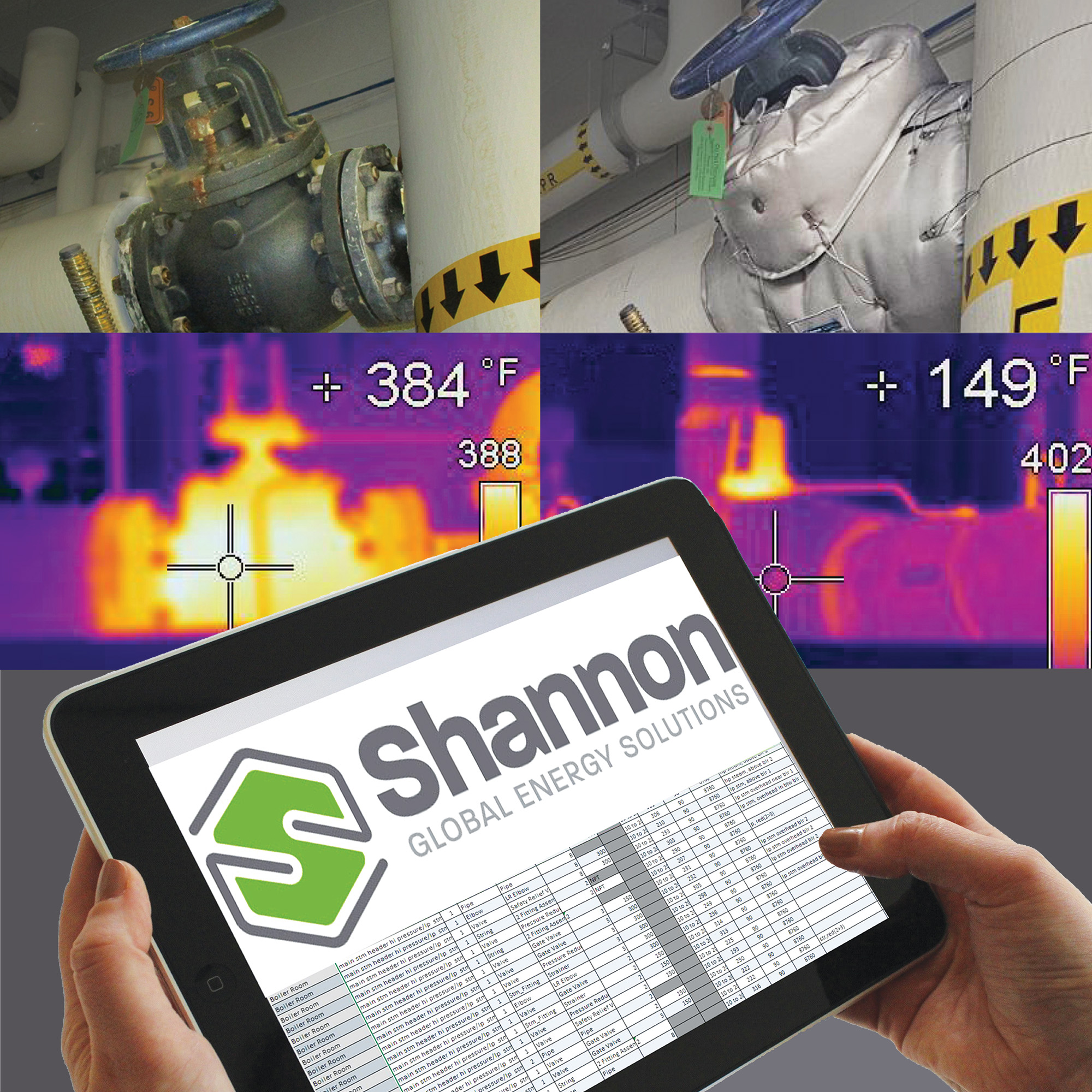 Tablet with Shannon Survey, background of thermographic  photos of valves before and after Shannon GES valve insulation blanket applied