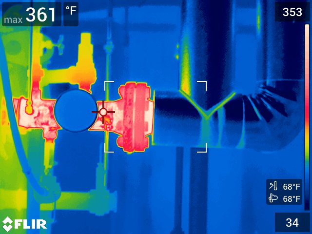 Thermographic image Before Picture - showing HOT Temperature of Bare Asphalt Heater without Insulation System at 361 F