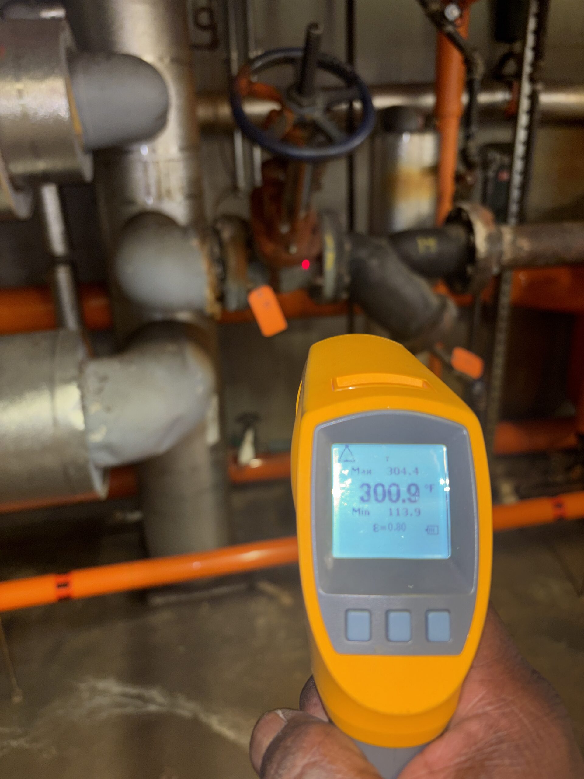 Thermal temperature gun scan of Bare Gate Valve showing High temperature  and heat loss