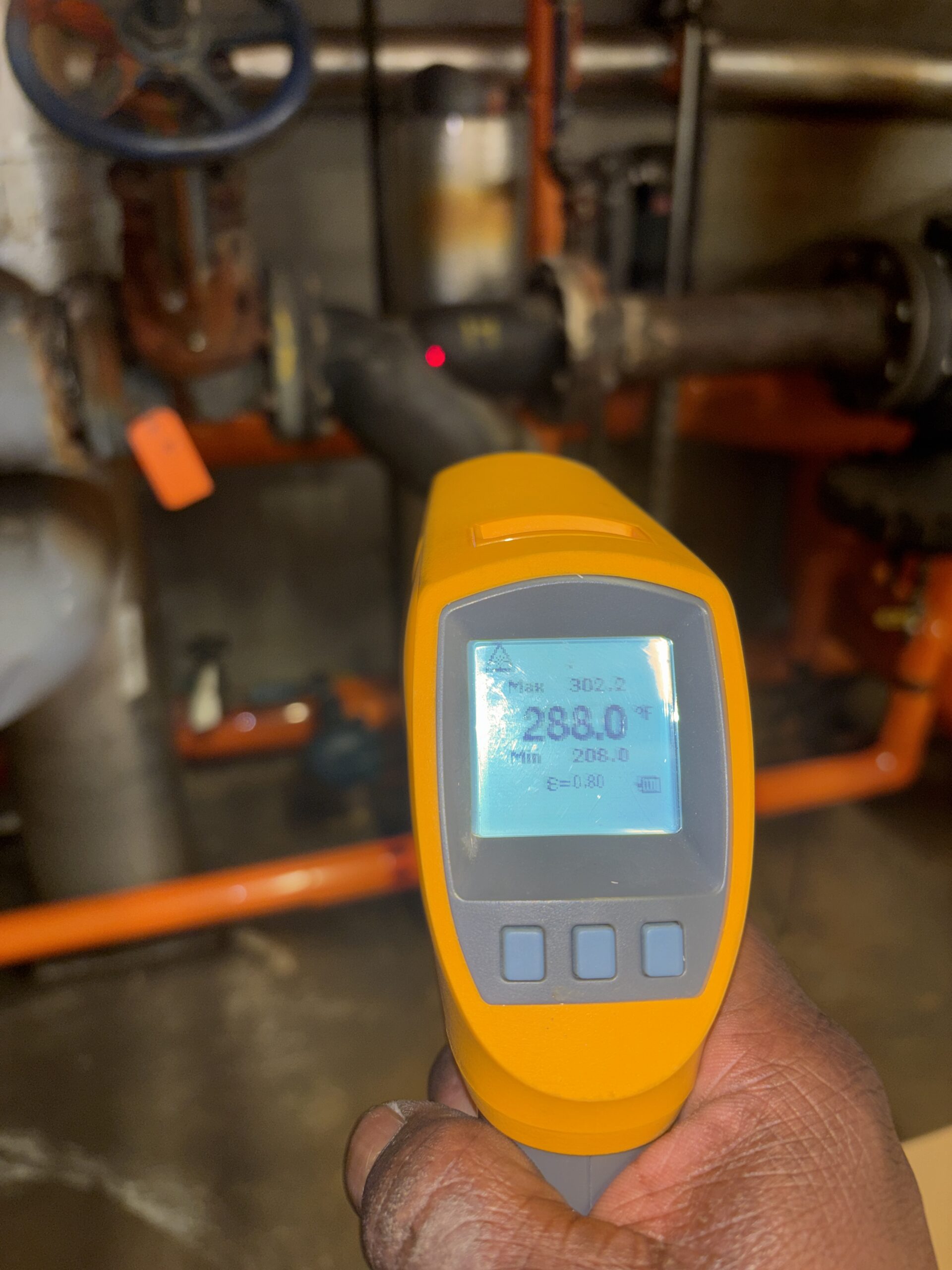 Thermal temperature gun scan of Bare  Strainer showing High temperature  and heat loss