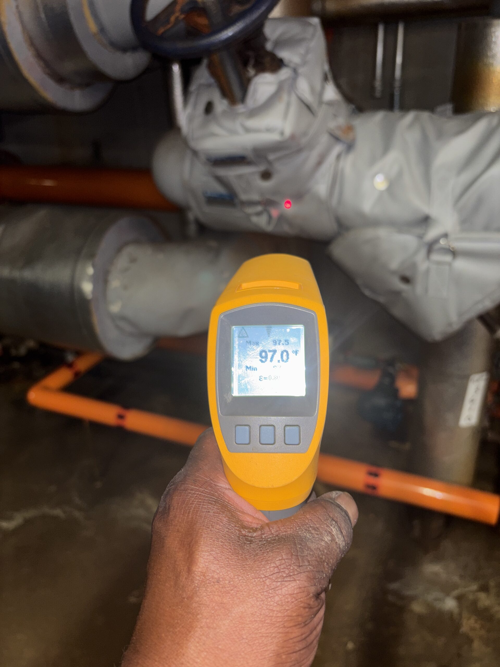 Thermal temperature gun scan of Insulated  Gate valve showing Reduced temperature  and Reduced radiant heat waste