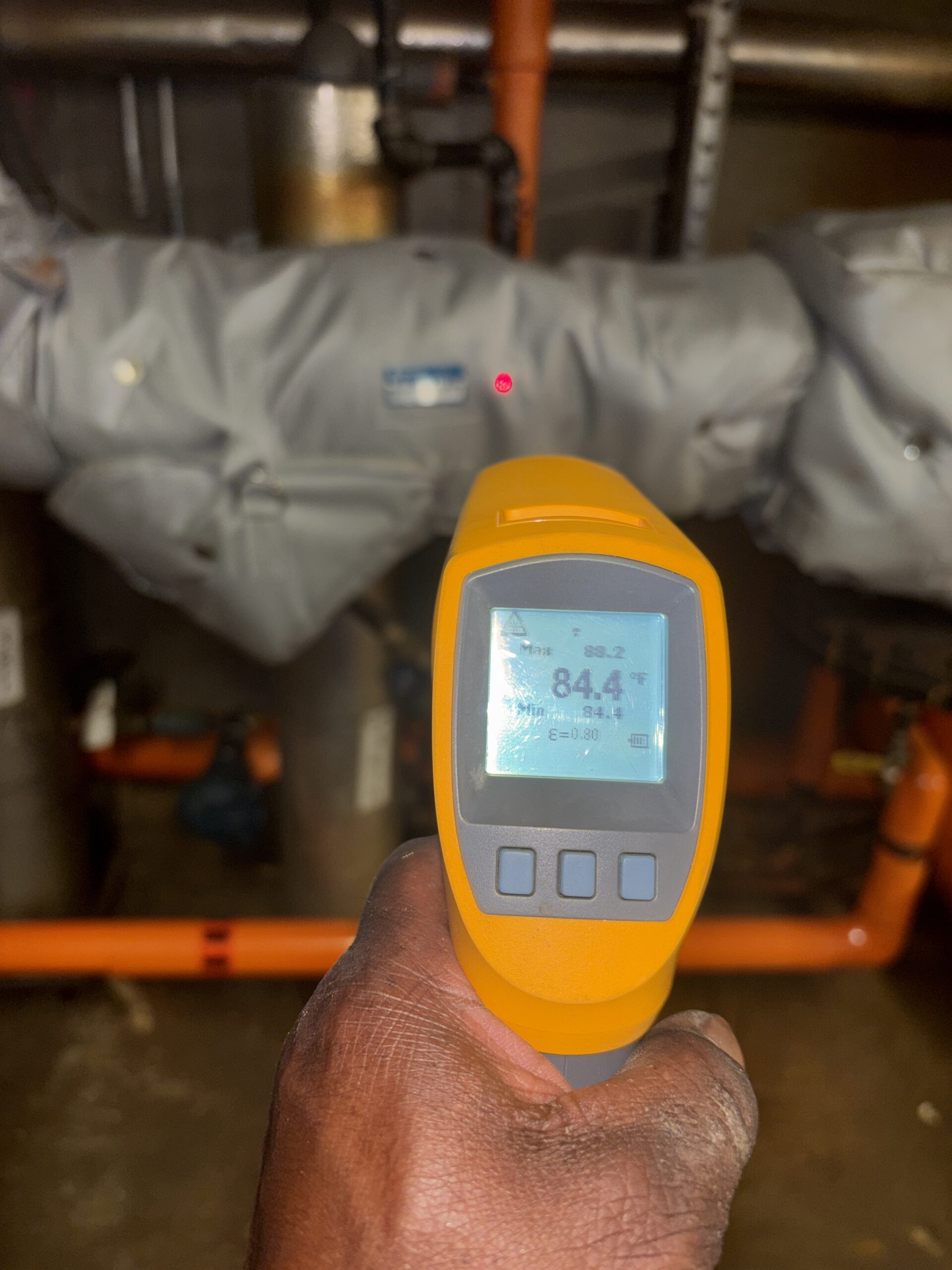 Thermal temperature gun scan of Insulated  Gate valve showing Reduced temperature  and Reduced radiant heat waste