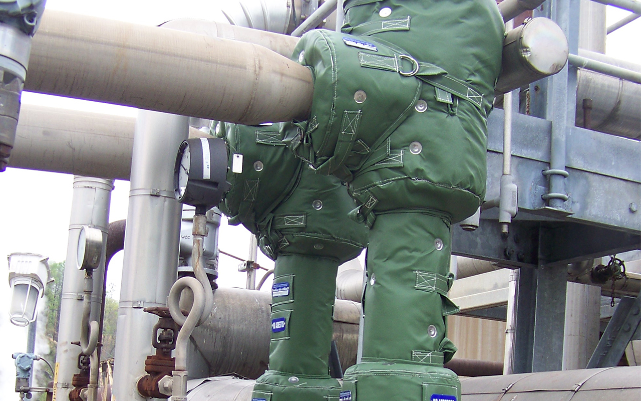 Paper Mill Steam ejector with Shannon Insultech removable Insulation Blankets for energy efficiency. ROI with reusable insulation.